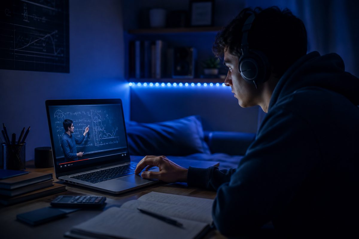 Estudiante repasando clases grabadas de noche