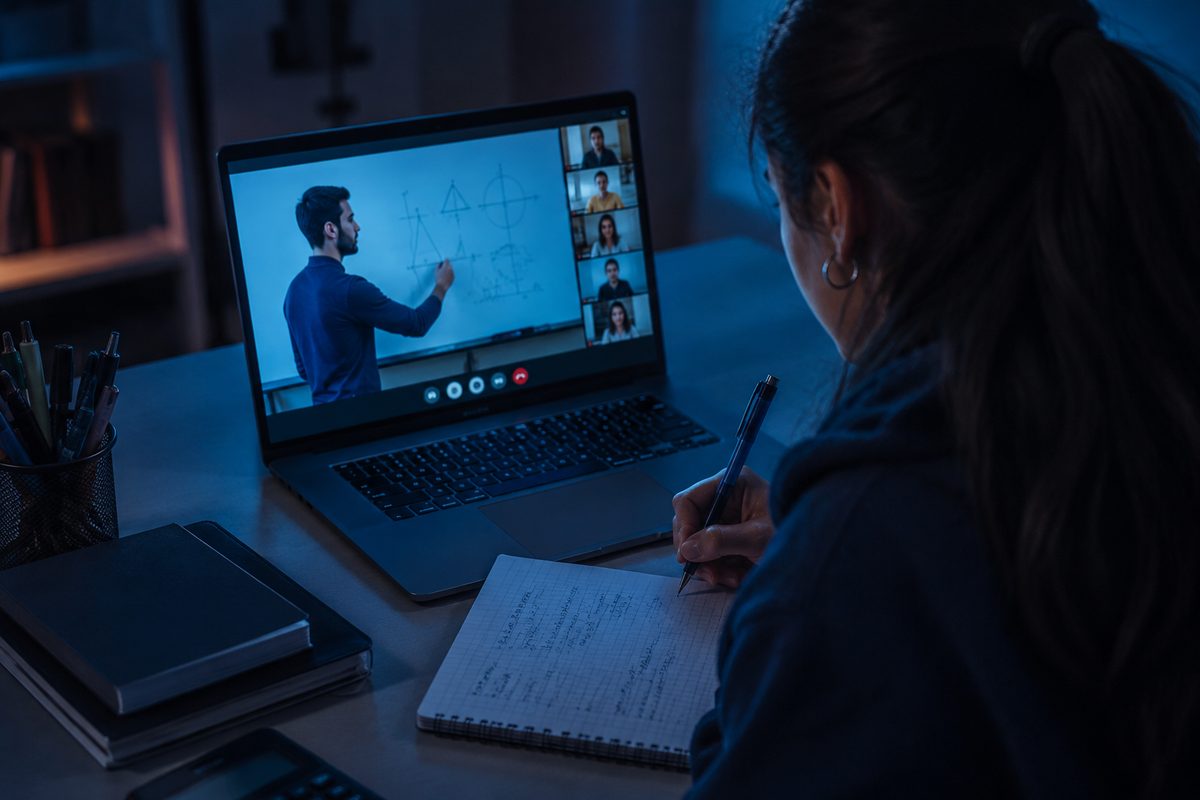 Estudiante siguiendo una clase en vivo con pizarra digital