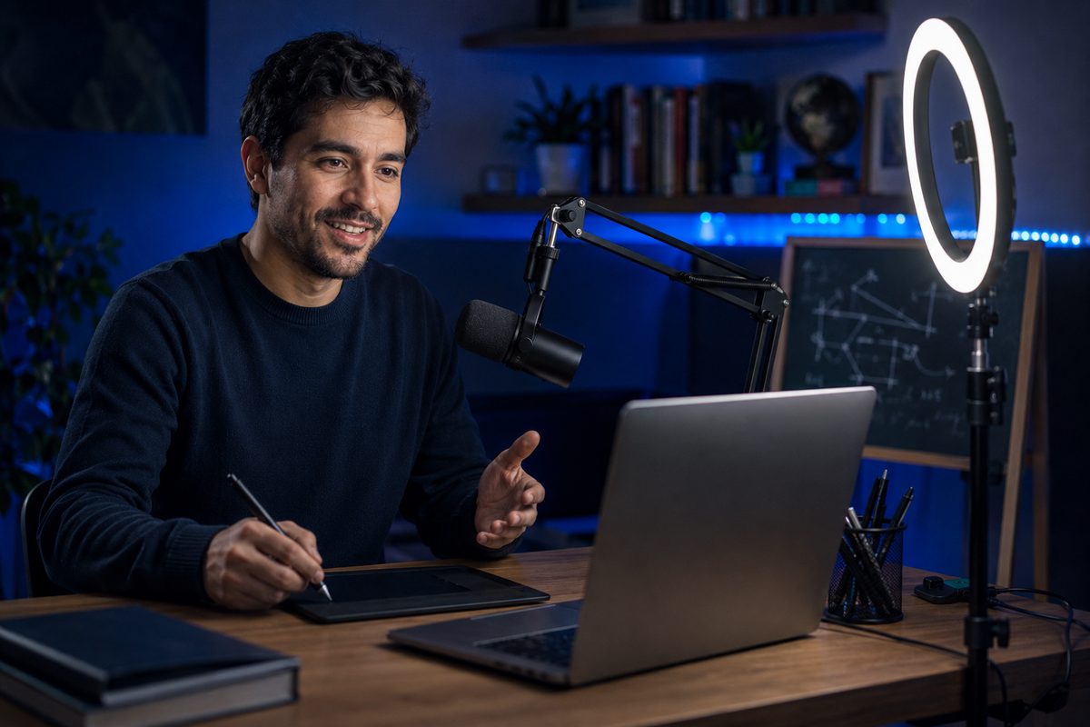 Profesor de ciencias exactas preparando una clase online