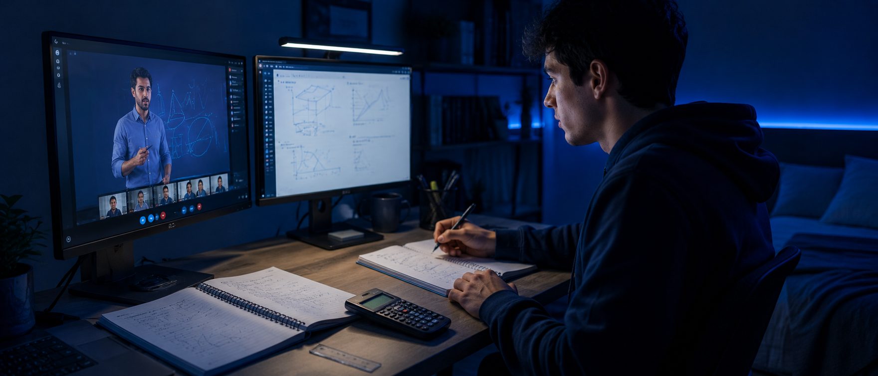 Estudiante de ingeniería trabajando con apuntes de matemáticas y física